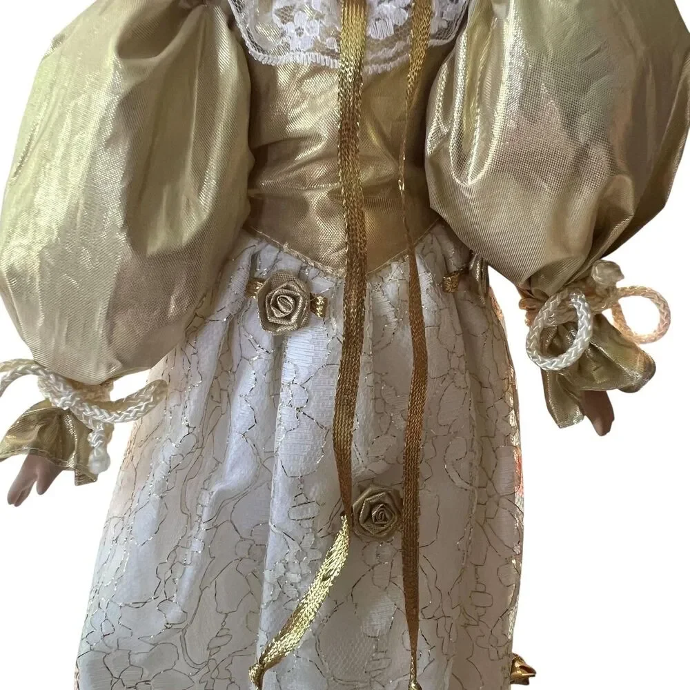Porcelain Angel Doll Gold White Lace Dress Curly Brown Hair Decor Collectible